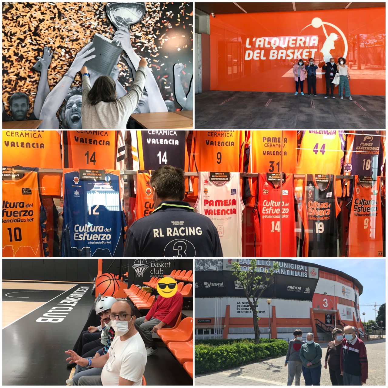 Residentes visitando el Valencia Basket Club, observando las camisetas de los jugadores exhibidas en vitrinas de cristal y disfrutando del ambiente de la cancha de baloncesto