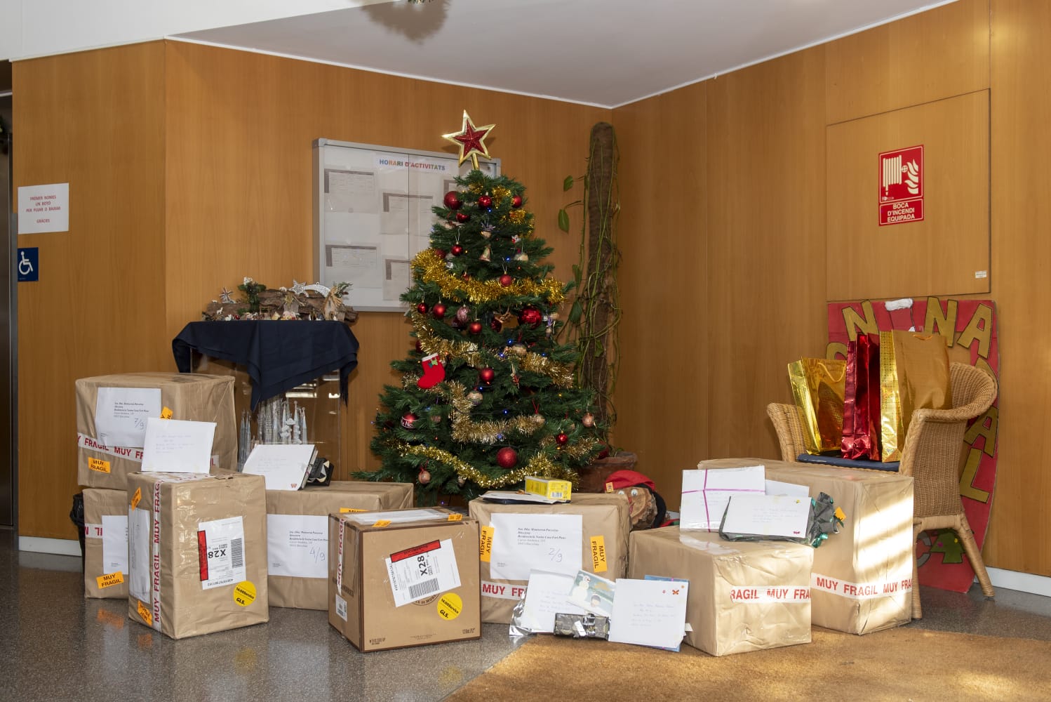 Árbol de Navidad decorado en la residencia Fort Pienc, rodeado de cajas de regalos y bolsas rojas festivas